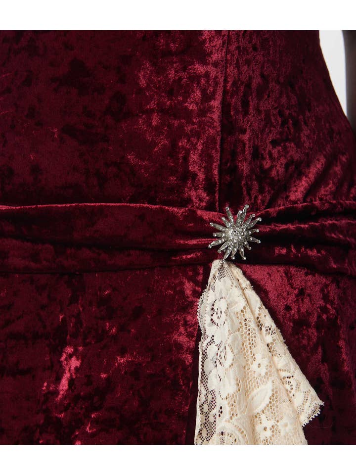 Unique Vintage - Wholesale Dress - Women's - UV Burgundy Crushed Velvet & Ivory Lace Flapper Dress