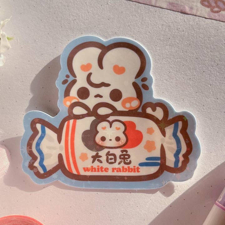 Cute White Rabbit Candy Waterproof Animal Sticker for wholesale by doobustudio