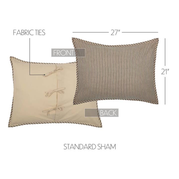 VHC Brands - Wholesale Bedding Pillowcase/Sham - Sawyer Mill Charcoal Ticking Stripe Standard Sham 21x27