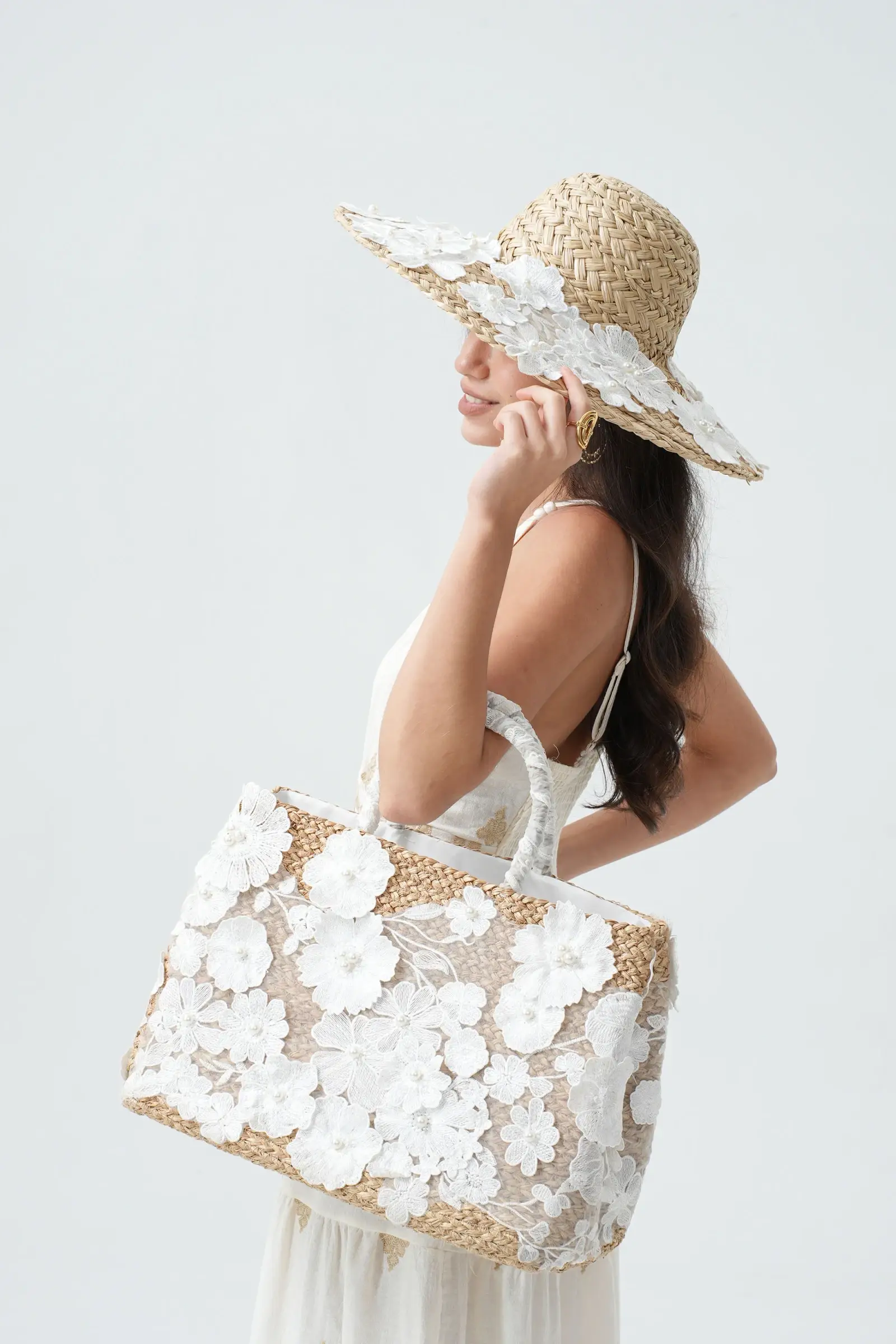 PHANIE MODE – Chapéu de palha – Mulher por atacado – Chapéu de palha com renda e pérolas H292622