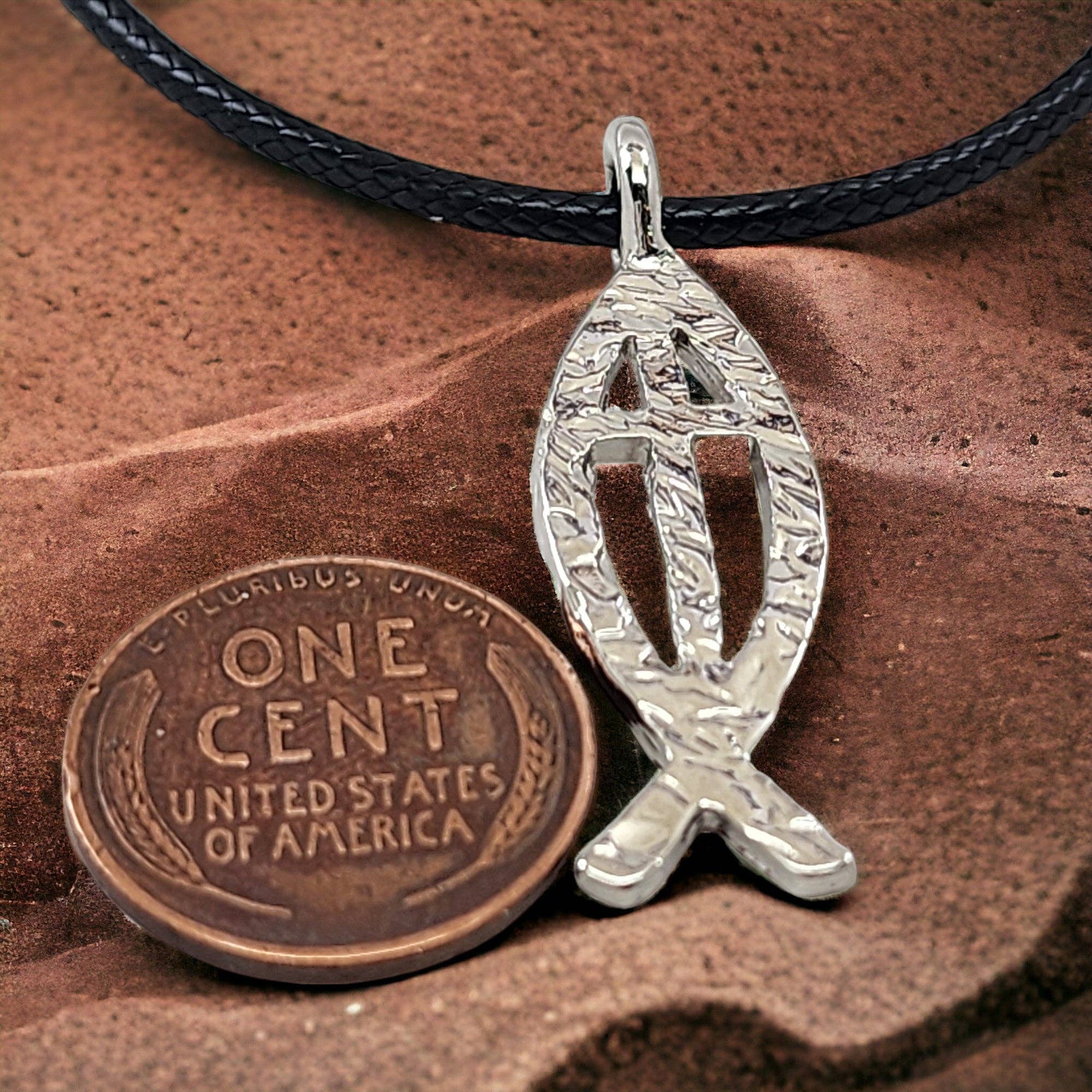 Forgiven Jewelry - Wholesale Pendant/Charm Necklace - Ichthus Fish Cross Hammered Rhodium Necklace1