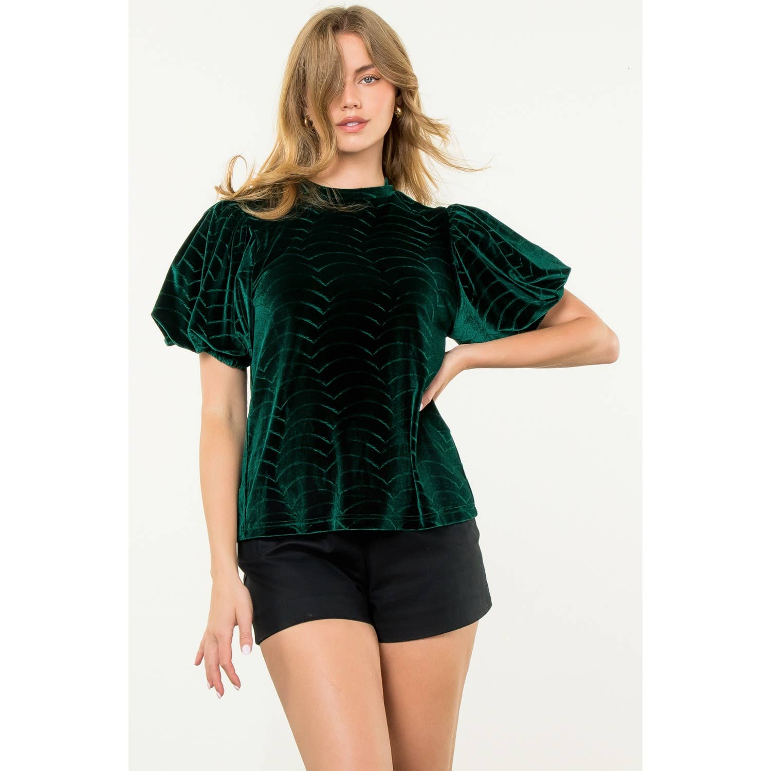 GREEN Puff Sleeve Velvet Top for wholesale on Faire5