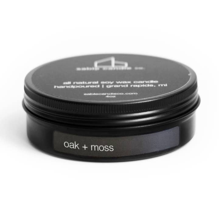 Oak + Moss 3oz Mini Tin Sojavax ljus för wholesale av sable candle co.