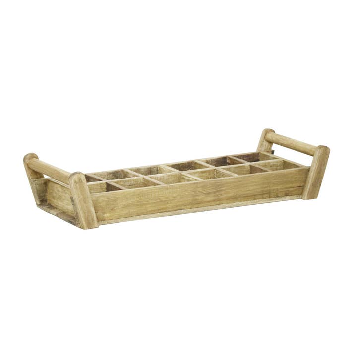 Natural 12 Plant Pot Wooden Tray with Handles for wholesale on Faire