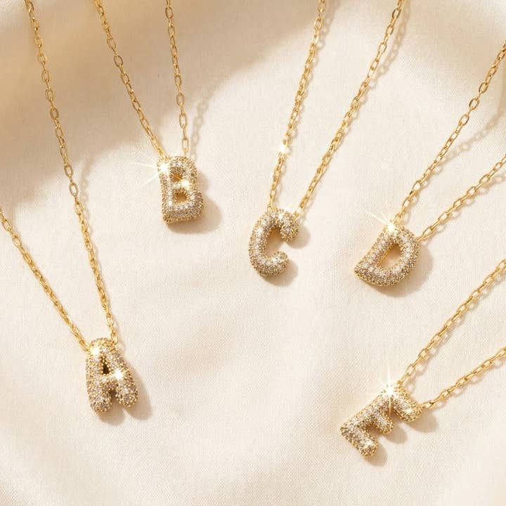 Fame Accessories - Wholesale Pendant/Charm Necklace - Gold Dipped Cz Pave Bubble Letter Pendant Necklace