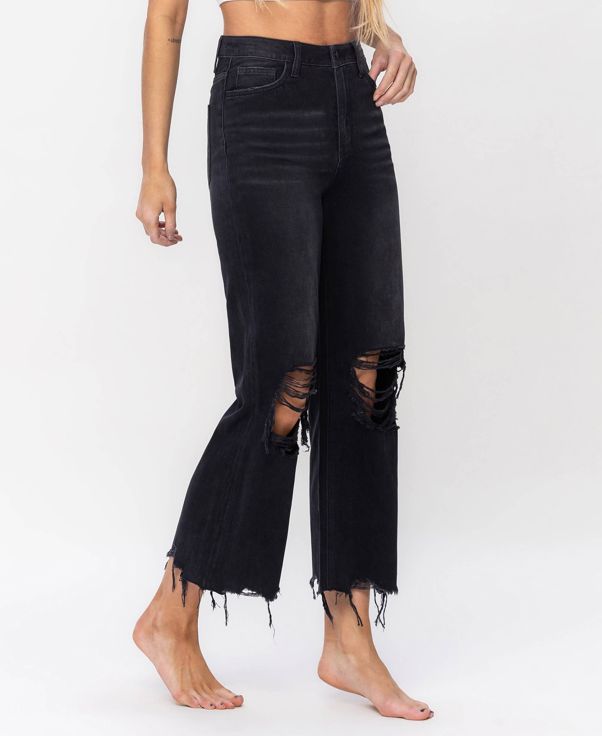 BLACK 90'S VINTAGE SUPER HIGH RISE CROP FLARE JEANS V2736BK for wholesale on Faire1