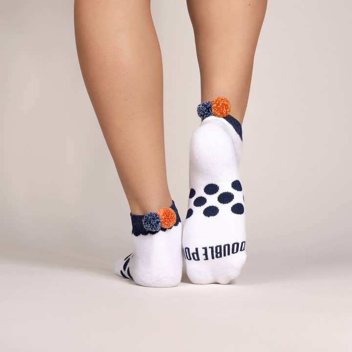 Signature Athletic Ankle Sock w/ Navy Trim and Navy + Orange Confetti Poms for wholesale by Double Pom