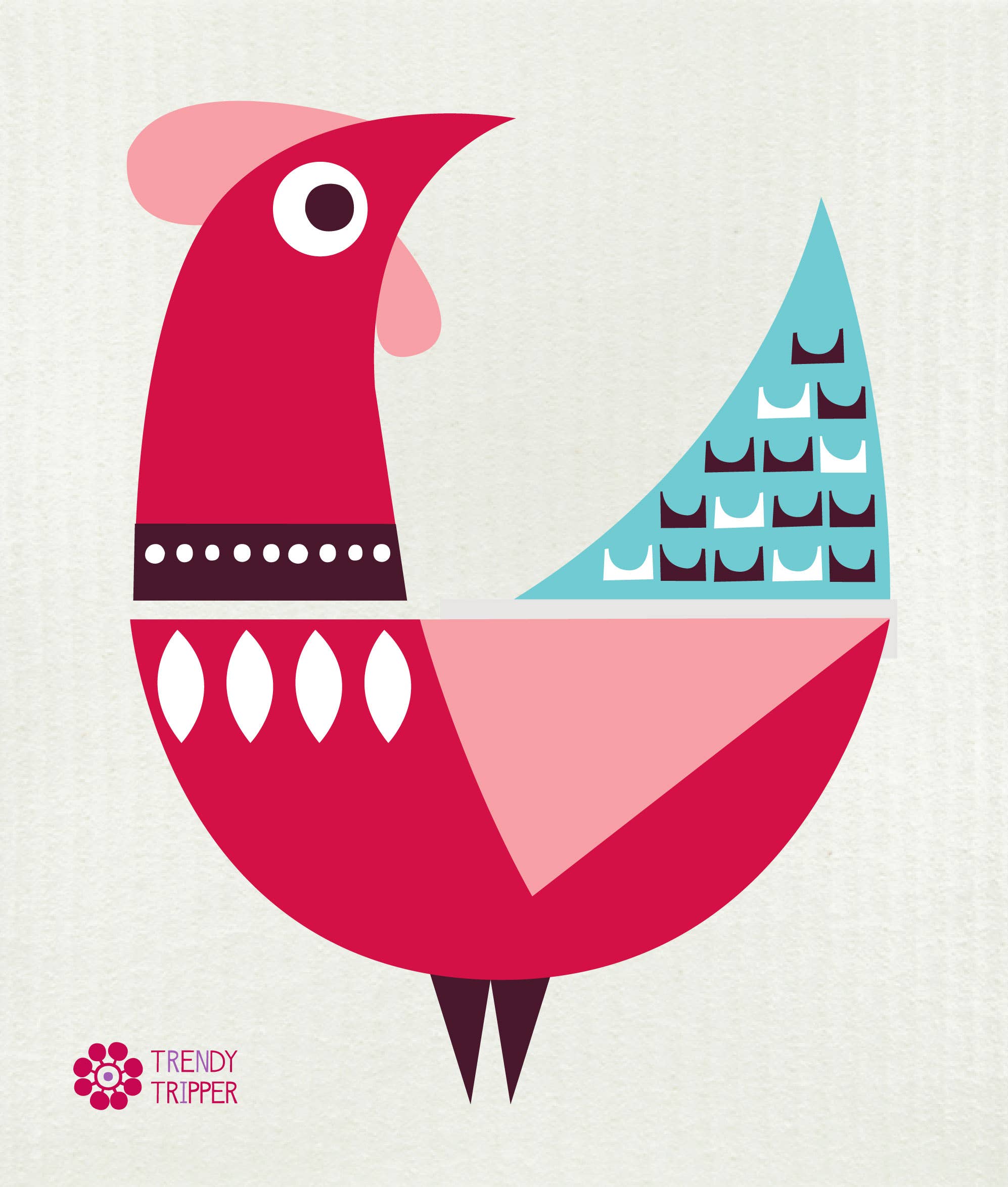 Trendy Tripper - Wholesale Dishcloth - Rooster Modern Red Pink Turquoise Swedish Dishcloth Natural