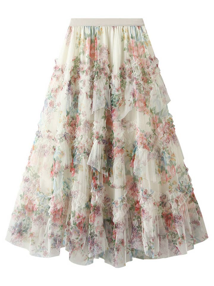 Jupe longue fleurie à plusieurs niveaux pour la vente par Mccolin