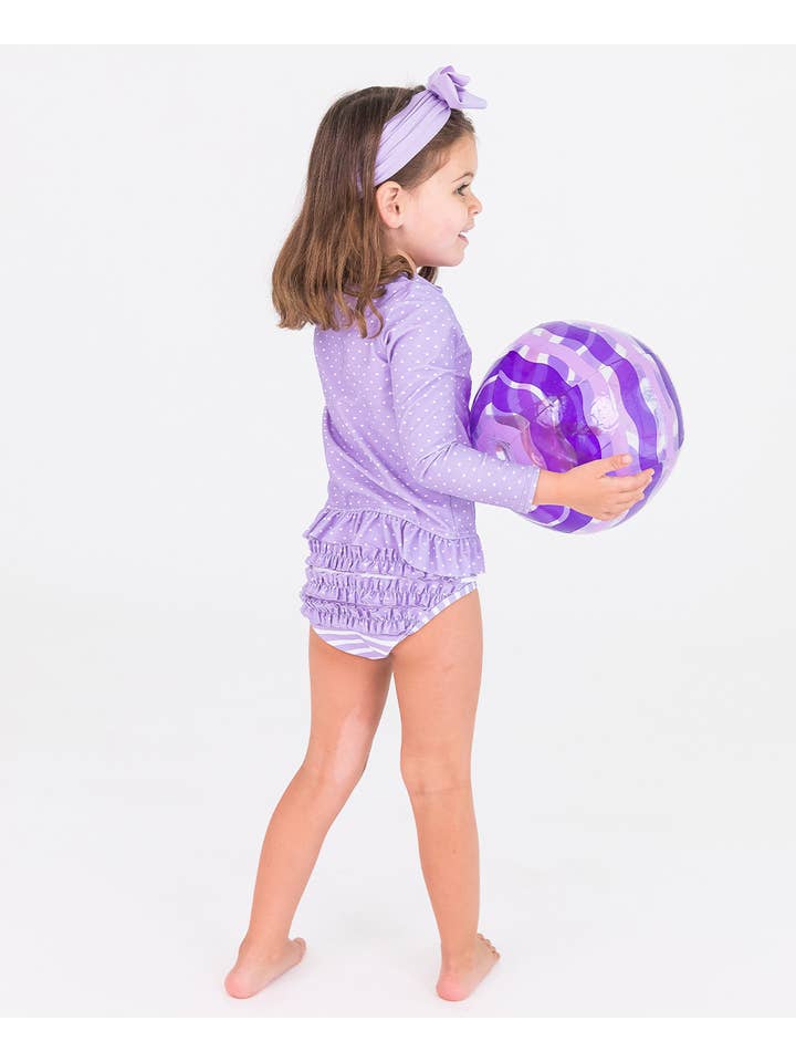 Purple Girls Lavender Heart Polka Dot Long Sleeve Rash Guard 2-Piece Swimsuit with Signature Rear Ruffles
for wholesale on Faire