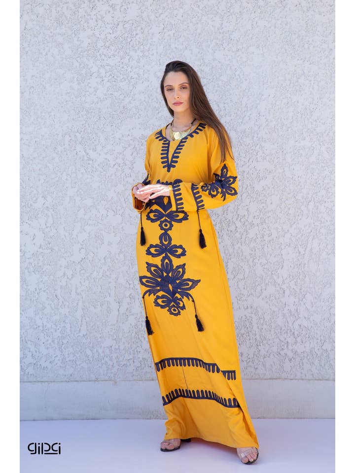 Gipci - Wholesale Kaftan - Dames - Mosterdgele geborduurde kaftanjurk, kaftans voor vrouwen, Boho kaftanjurk, kaftans voor vrouwen, lange zomerkaftan, kaftans, kaftan