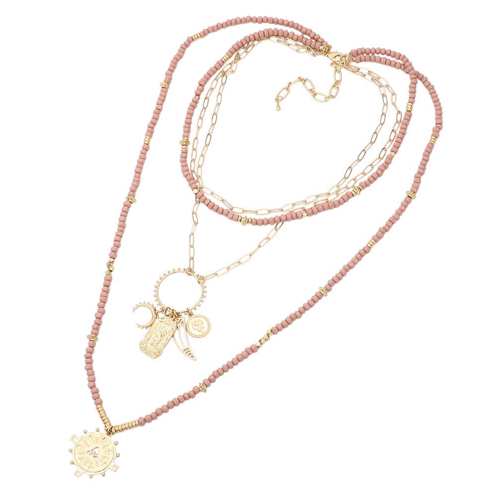 Sensibling Corp. – wholesale Pendant/charm necklace – Double Horn Evil Eye Centered Pendant Wood Beaded Multi Layered Necklace3