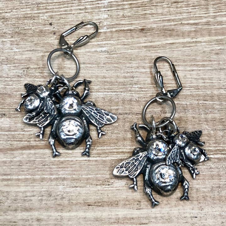 Double Bee Dangle Earring With Crystal for wholesale by Lorraine Frances Jewelry