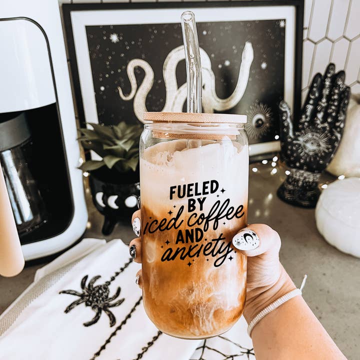 Fueled By Iced Coffee And Anxiety Coffee Glass Can for wholesale by Luxxe Creations Collection