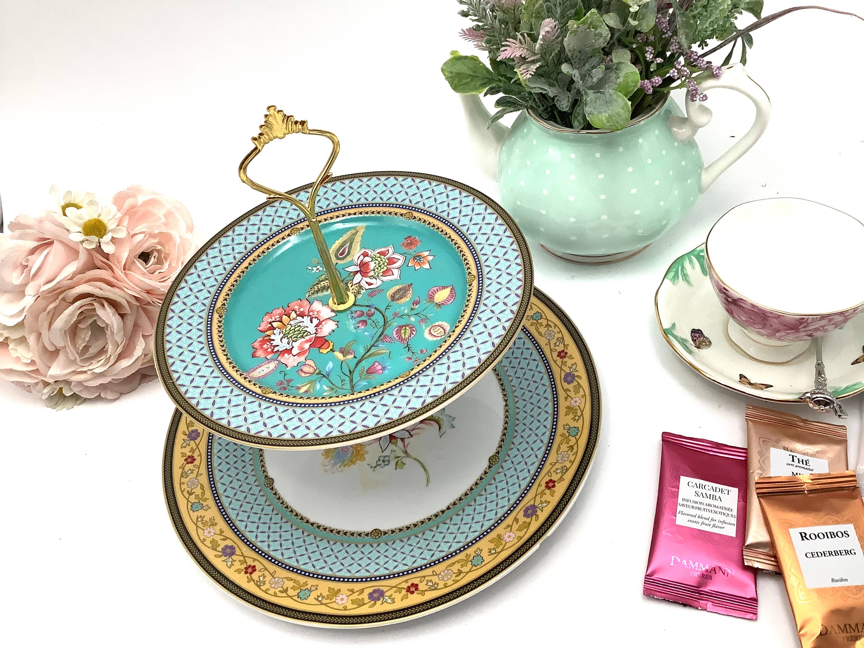 All Little Cute Things - Wholesale Cake Stand - Flowers with Turquoise Teal Border Tiered Cake Stand4