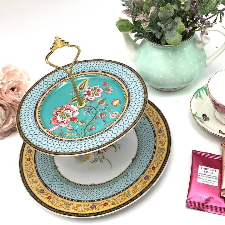All Little Cute Things - Wholesale Cake Stand - Flowers with Turquoise Teal Border Tiered Cake Stand4