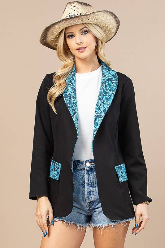 BLACK TURQUOISE AV1250-TORY WESTERN TOOLED LEATHER WOVEN BLAZER for wholesale on Faire2