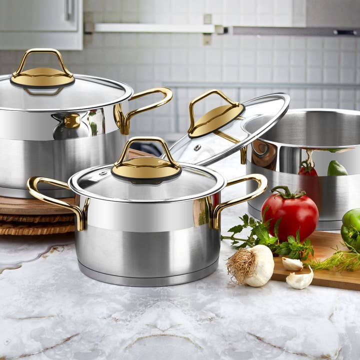 Rozi - Venta al por mayor Conjuntos de utensilios de cocina - Juego de mini ollas de acero inoxidable Luna Collection de 6 piezas (asas doradas)