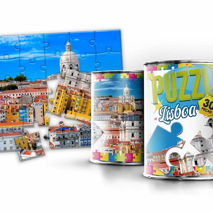 Puslespil i blikdåse med bymotiver fra Lissabon for engroshandel hos Charmy Gift Store