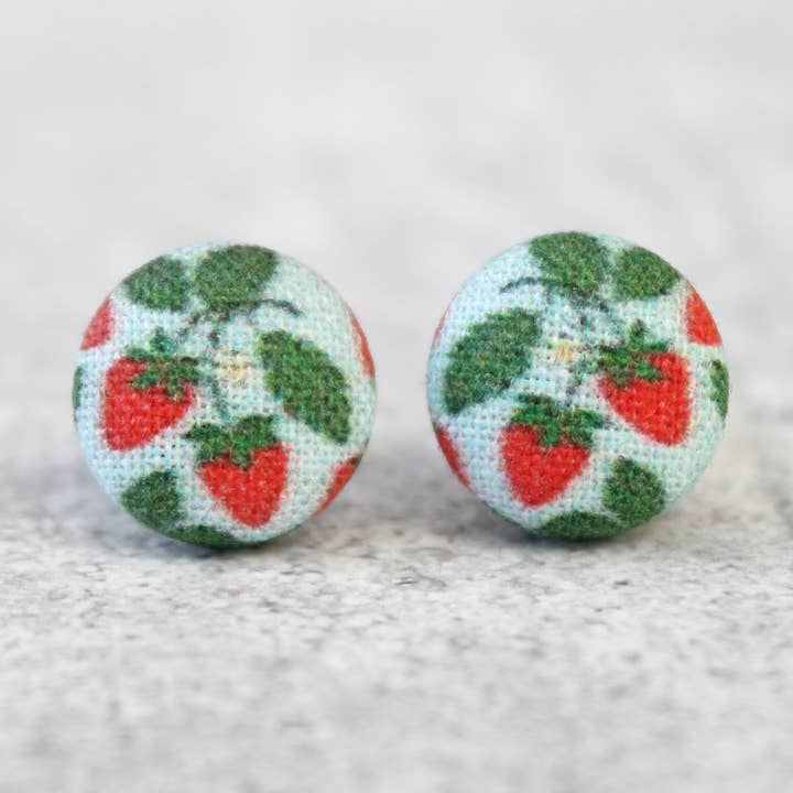 Strawberry Patch Fabric Button Earrings for wholesale by Rachel O's