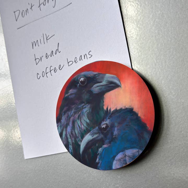 Art Magnet, 3" Circle, Wood, Two Ravens Devoted for wholesale by Mary Pow Designs
