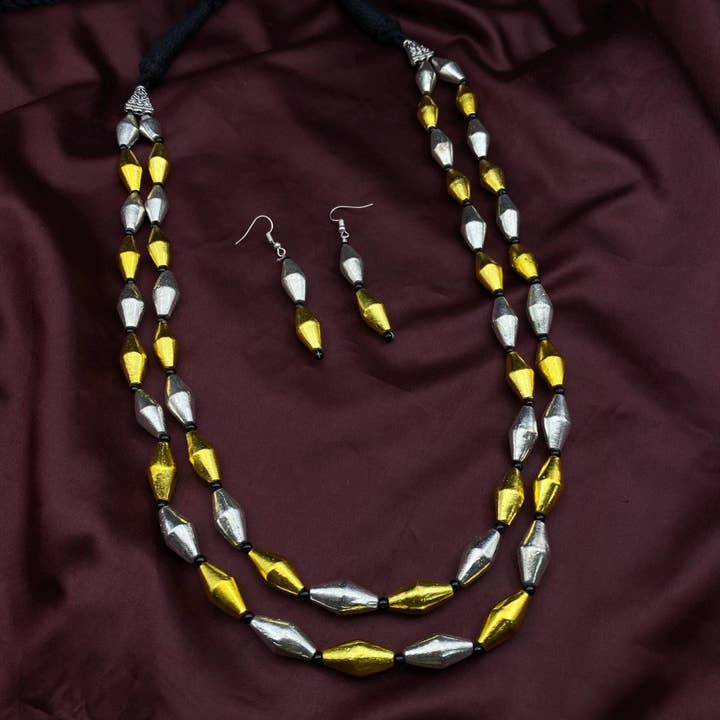 Dual-Tone Dholki Beads 2-Layer Necklace & Earrings Set for wholesale by Quirky Fashions