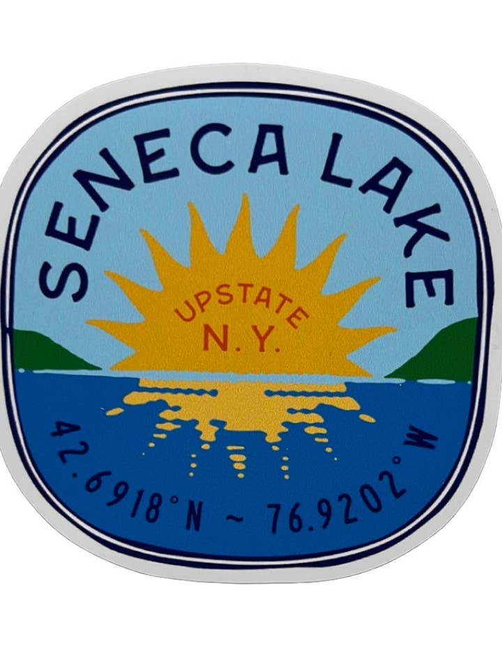 Seneca Lake Sunset with Coordinates Sticker for wholesale by Eleven Lakes Market