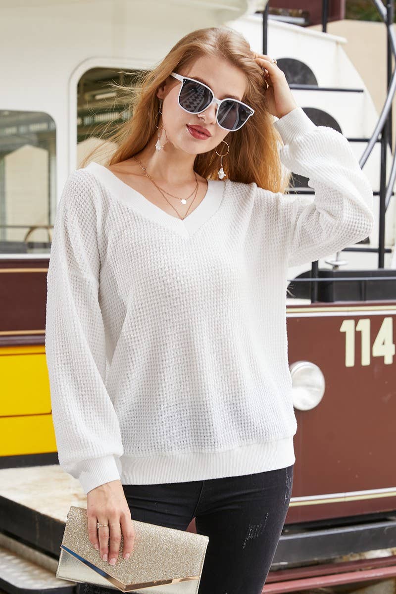 Lily Clothing - Wholesale Knit Top - Women's - PURE WHITE V NECK LONG SLEEVED SHIRT_CWTSTL7076