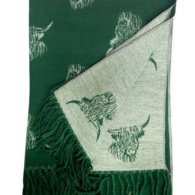 Ladies Wool Mix Scarf with Highland Cow Dark Green for wholesale by Strathurie
