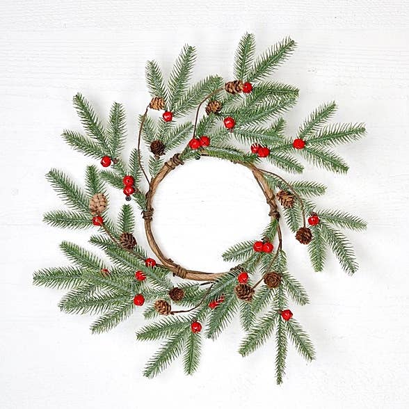 29985- 18in Wreath-Goose Feather Pine with Red Bells-6/48pcs for wholesale by Impressive Enterprises, Inc.