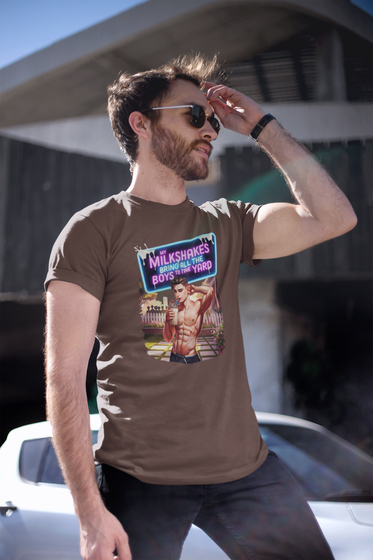 Brown My Milkshakes Bring All the Boys to the Yard LGBTQ Pride Tee for wholesale on Faire8