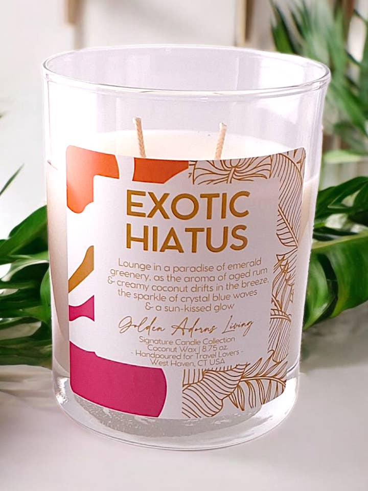 EXOTIC HIATUS | Bougie de voyage à double mèche pour la vente par Golden Adorns Living