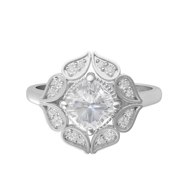 Bague Fleur de Lys 6MM Forme Coussin Moissanite Argent Sterling 925 Bague Femme pour la vente par Star Joya