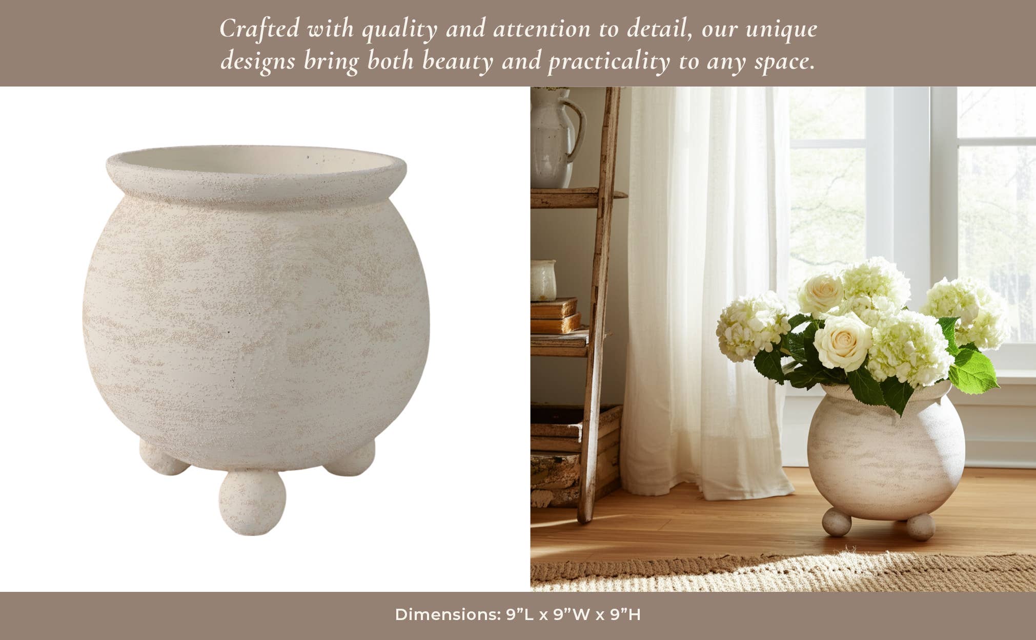 Sagebrook Home - Wholesale Plant Pot - Planter - Ivory Pottery Round Textured On Ball Feet, 9 in.12