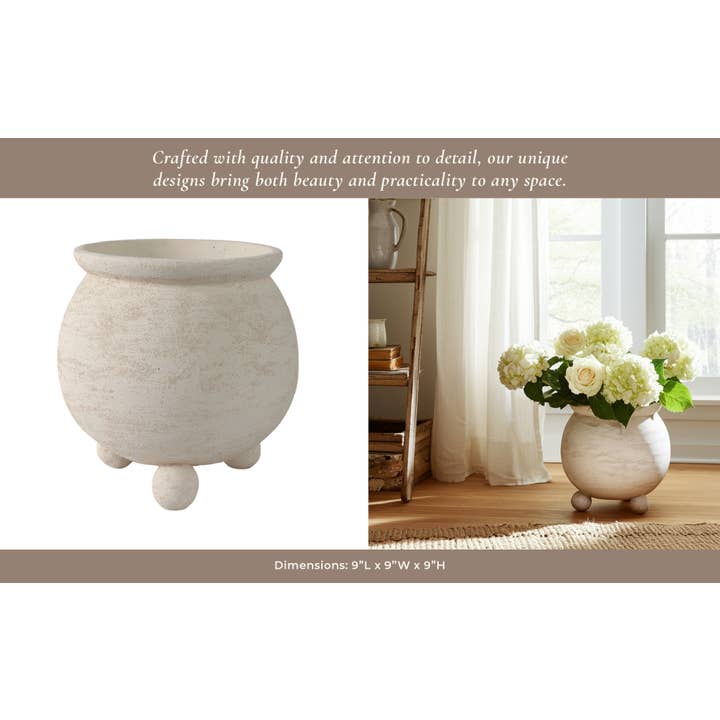 Sagebrook Home - Wholesale Plant Pot - Planter - Ivory Pottery Round Textured On Ball Feet, 9 in.12