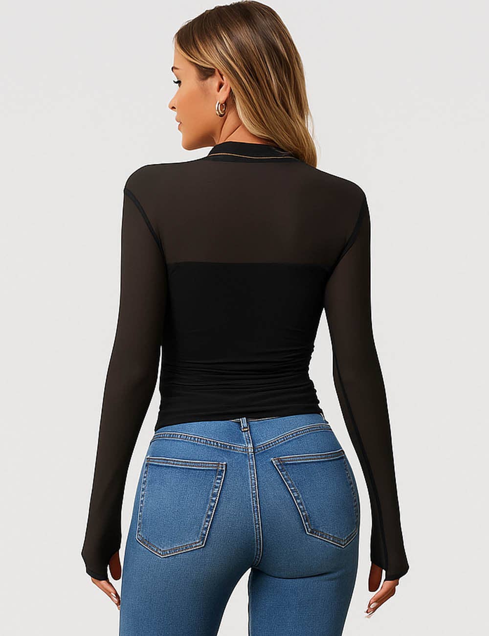 Sweetkama - Wholesale Knit Top - Women's - Ladies See Sheer Mock Neck Long Sleeves Mesh Top11