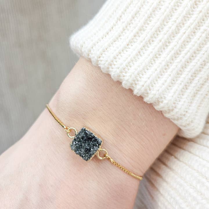 Adjustable Smoky Quartz Druzy Crystal Bracelet for wholesale by The Curated Carrot