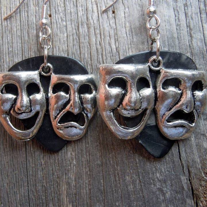 Simply Raevyn - Wholesale Dangle Earrings - Theater Mask Charm Guitar Pick Earrings7