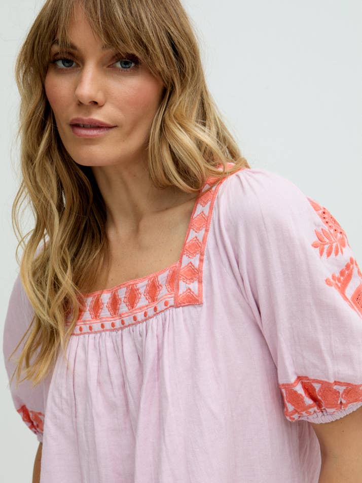 Clara Square Neck Embroidered Blouse In Pink for wholesale by Raffya