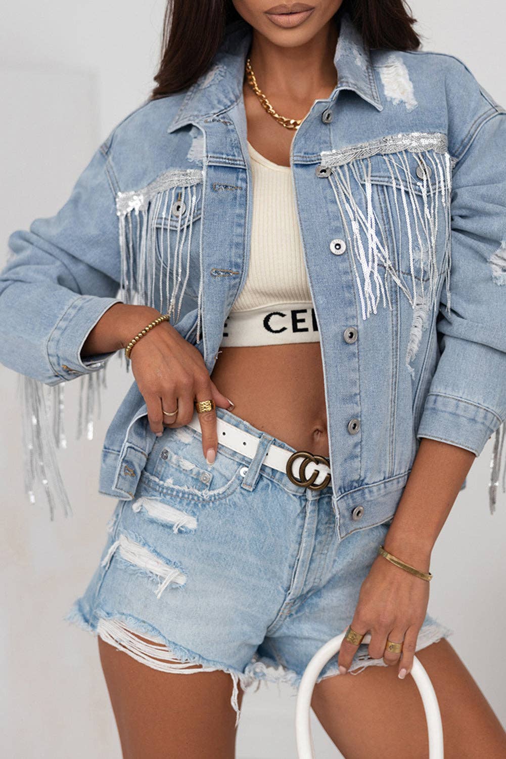 Sky Blue Sequin Embellished Fringe Distressed Denim Jacket for wholesale on Faire10