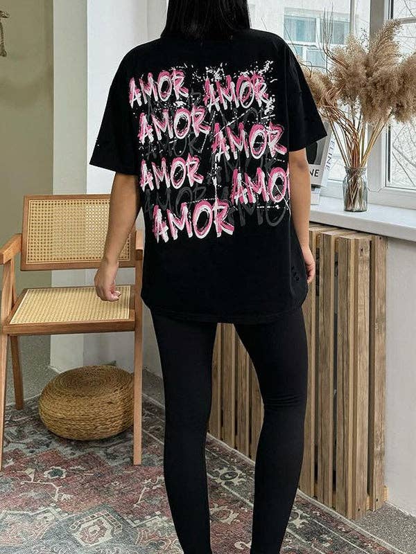 UZ Wholesale Store – Engroshandel Tunika - Dame – Løse korte ærmer Kontrastfarve Hult bogstavtryk T-shirttoppe med rund hals6