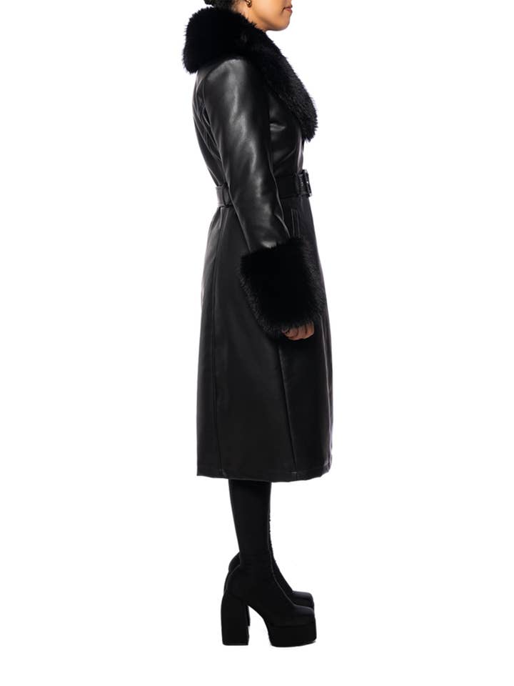 Azalea Wang - Wholesale Trench Coat - Women's - KAYA-BLACK FAUX LEATHER & FAUX FUR TRENCH COAT WITH BELT