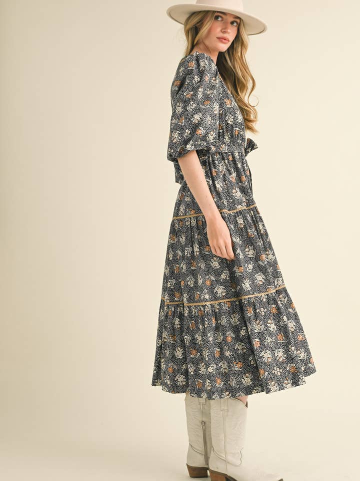 &MERCI - Wholesale Dress - Women's - BUBBLE SLEEVE LACE TRIM MIDI DRESS MDR343012