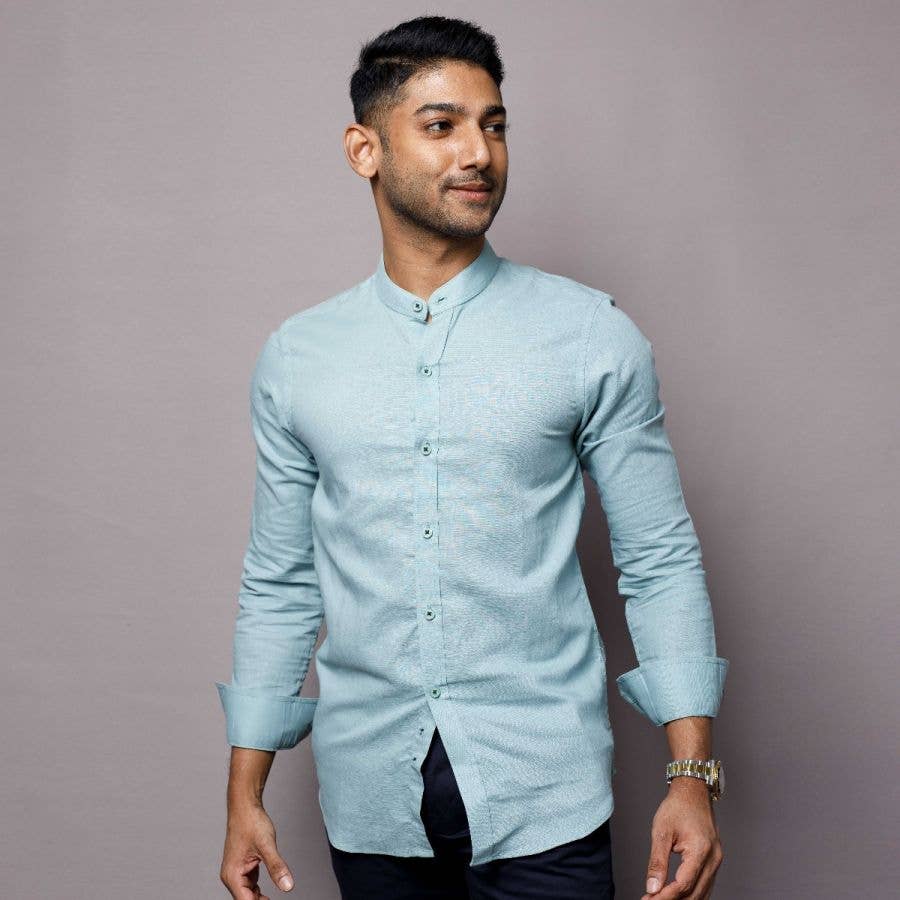 Stripes & Checks Inc - Wholesale Button Down Shirt - Men's - Light Green Linen Nehru Shirt0