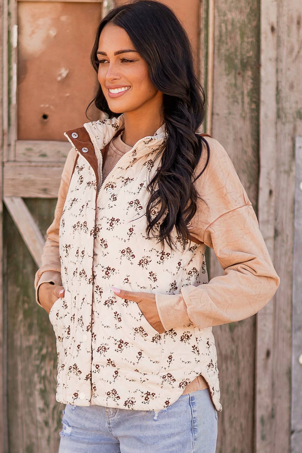 As shown Fashion-W Floral Print Zip Up Quilted Vest for wholesale on Faire3