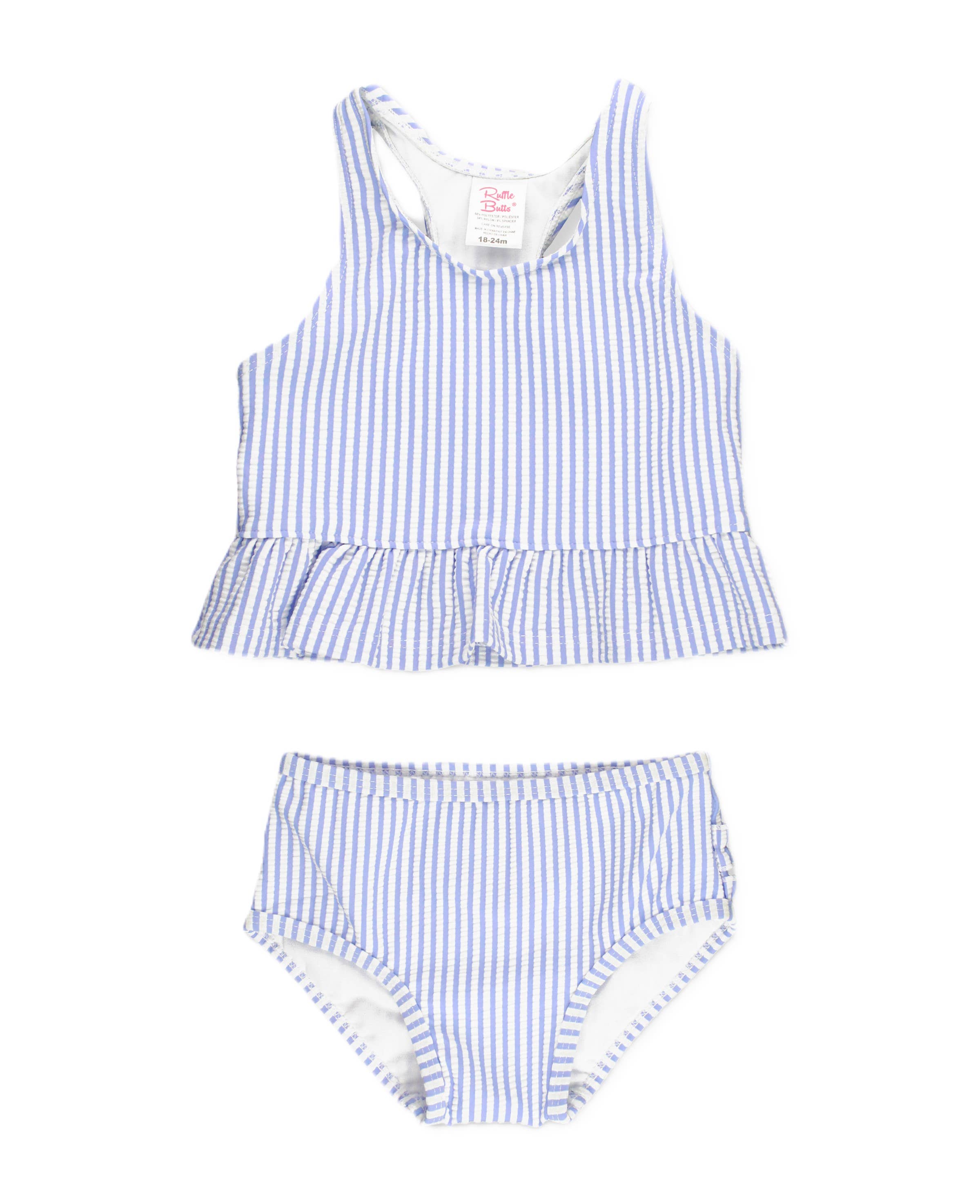 RuffleButts + RuggedButts – wholesale Two-piece swimsuit – Kids – Girls Periwinkle Blue Seersucker Peplum Tankini 2-Piece Swimsuit with Signature Rear Ruffles0