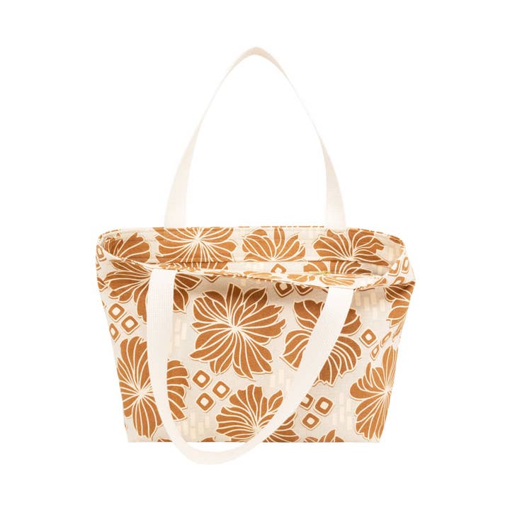 Beach Bag Tote Deluxe • Retro Blooms • Tan over Brown for wholesale by Jana Lam