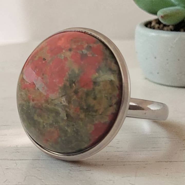 Bague réglable en unakite et acier inoxydable pour la vente par Covaly Artisan Jewelry