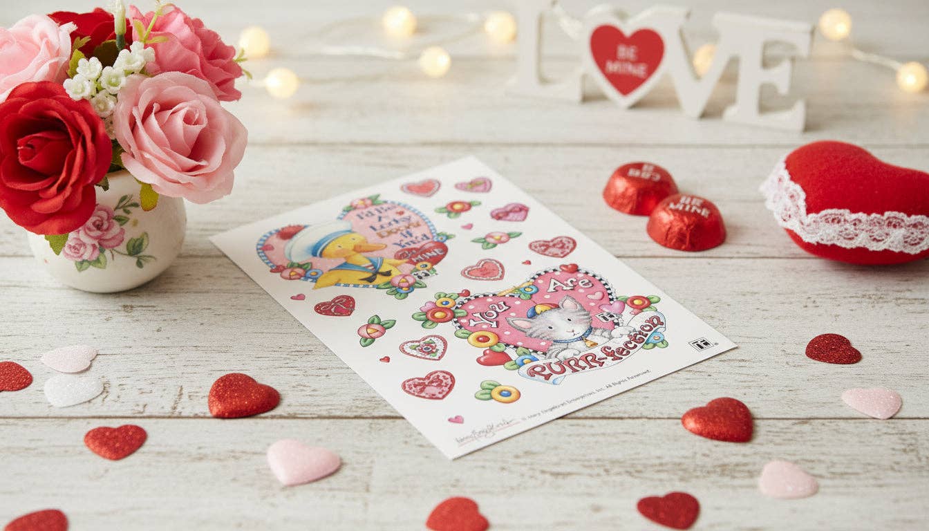 Mary Engelbreit Studios - Vente Autocollant - Feuille d'autocollants Animal Pals pour la Saint-Valentin1