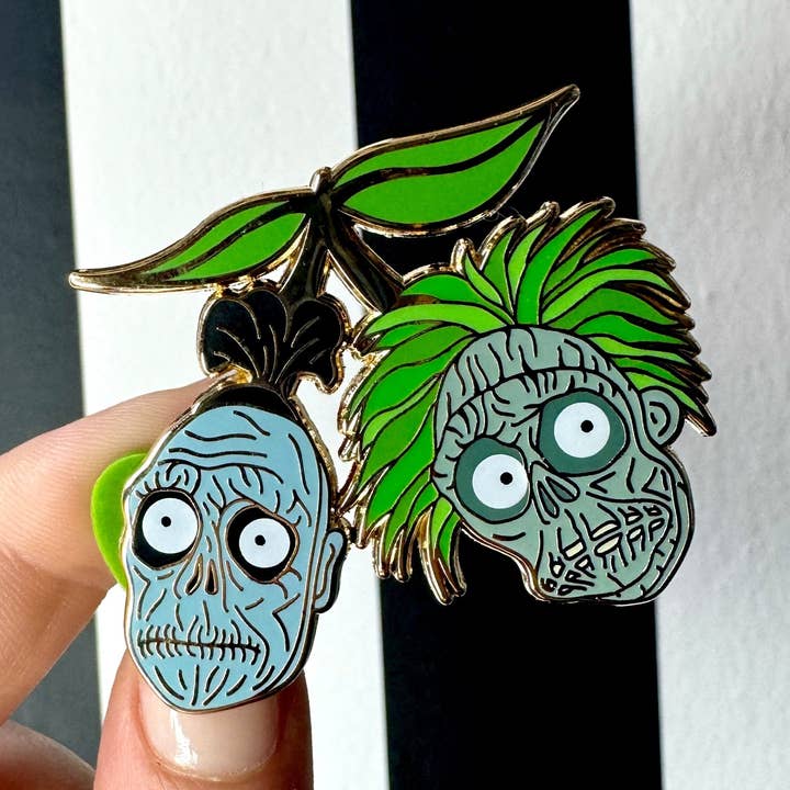 Shrunken Head Cherries Enamel Pin for wholesale by Skaro Crafts